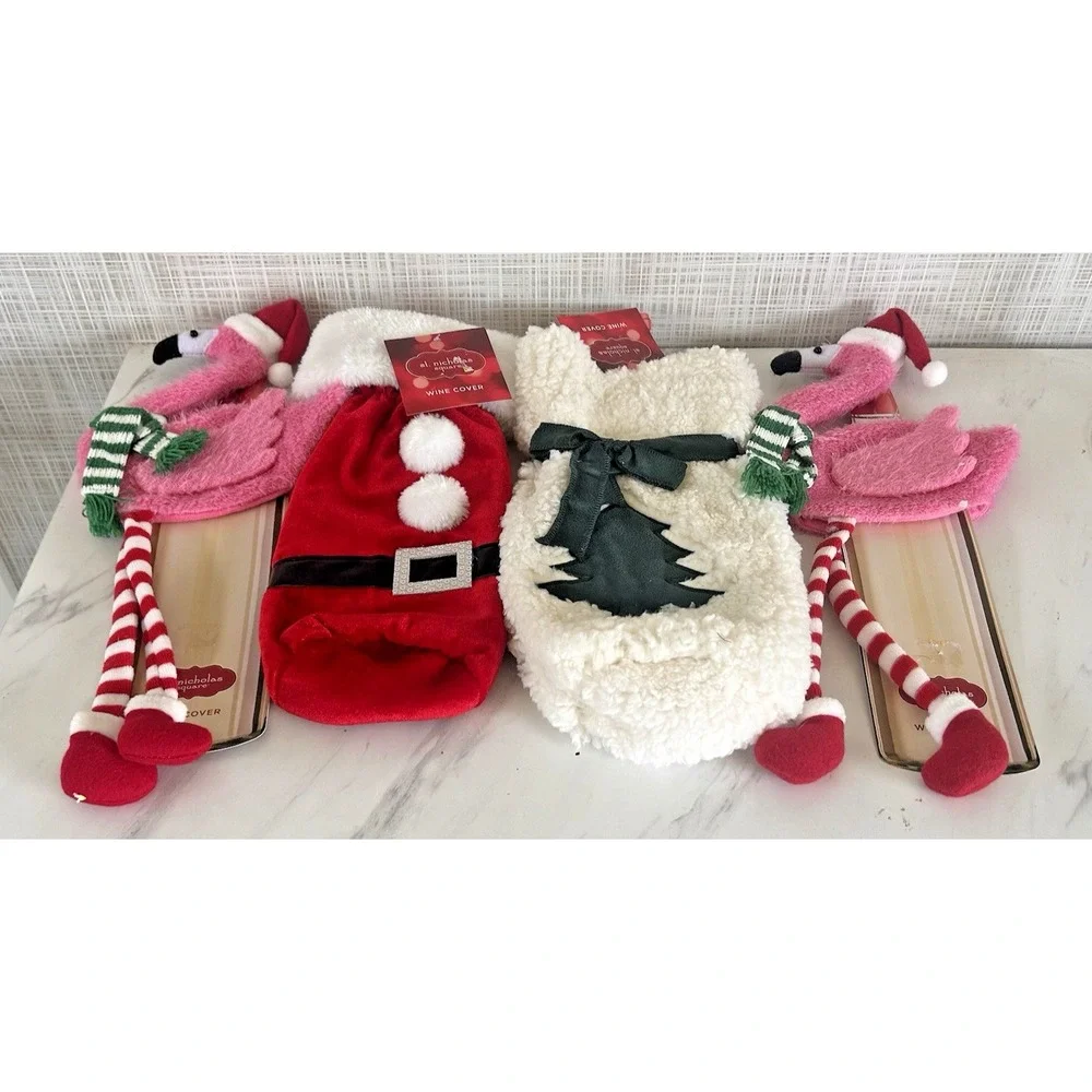 Wine Bags Wine Covers Lot of 4 Flamingos Christmas Fir Tree Santa New Kohl's BxY